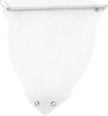 A white, perforated fabric cover with a metal bar at the top and two metal snaps at the bottom, isolated on a white background.