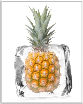 Produktbild von Wallario Wandbild Ananas in Eiswürfel - Eiskaltes Obst, Größe: 40,30 x 50,30 cm, Poster mit weißem Aluminiumrahmen