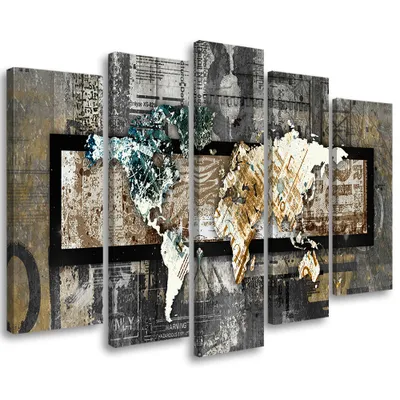 Produktbild von 5-teiliges leinwandbild weltkarte abstrakt 200x100 cm Feeby grau wandbild bereit zum aufhängen