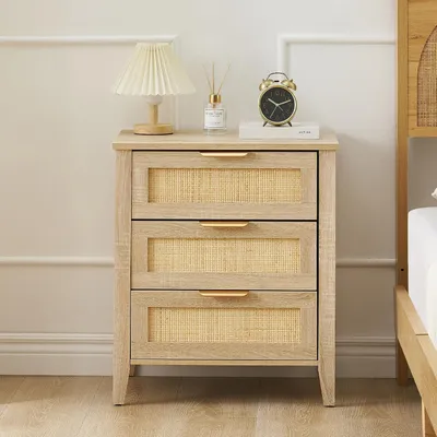 Produktbild von Rattan Nachttisch mit 3 Schubladen, Boho, Eiche