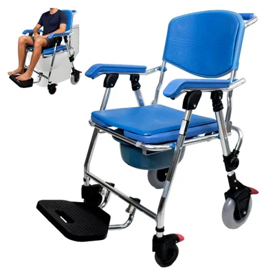 Produktbild von Klappbarer Duschstuhl mit Rollen, 3-in-1 Toilettenstuhl für Senioren, 150 kg Tragfähigkeit, Aluminiumlegierung mit Urinal