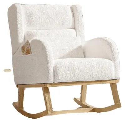 Obrázek produktu pro Houpací křeslo, příjemná plyšová látka, ergonomický design, bílá – 92 x 65 x 89 cm