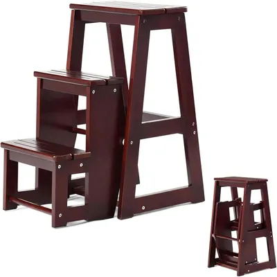 Produktbild von Holz Trittleiter - 3-Stufige Klapptrittleiter - Massivholz 66 cm Höhe - 150 kg Tragkraft - Haushaltsleiter - Braun