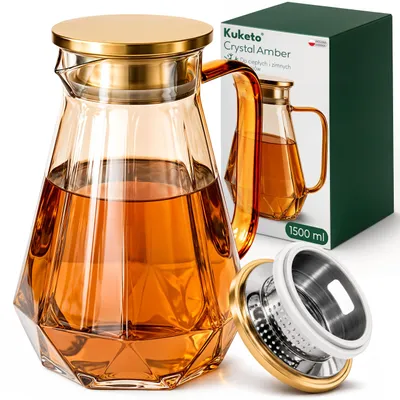 Zdjęcie produktu dla Kuketo | Crystal Amber – Szklany dzbanek 1,5 l do herbaty, ziół i napojów – szkło żaroodporne – złota pokrywka z filtrem