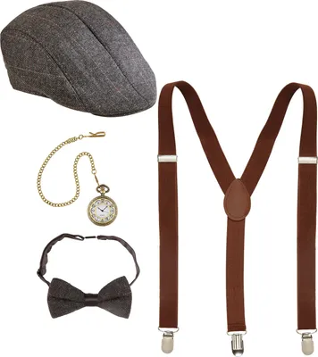 A collection of vintage-style accessories, including a flat cap, pocket watch with chain, bow tie, and suspenders, laid out against a white background.