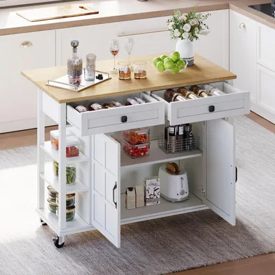 Obrázok produktu pre Kuchynský vozík s výklopnou pracovnou doskou, 2 zásuvkami, 2 dvierkami, kolieskami, rozmer 120x40-65x89 cm, biela farba