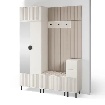 Produktbild von Garderoben-Set Ritmo version 8 – gefräste Kleiderschrank mit Polsterplatten, Schuhschrank, für Flur und Eingangsbereich (Cashmere, Trinity 03)