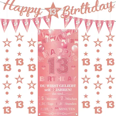 Productafbeelding van Verjaardagsdecoratieset - 9-delige set van slingers en banners - Feestdecoratie - Roze goud - 13 jaar