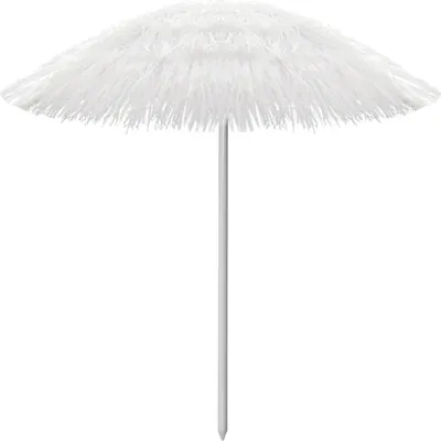 A white beach umbrella with a fringed canopy and a thin pole.