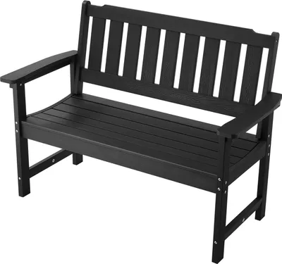 A black outdoor bench shown from a three-quarter angle against a white background.