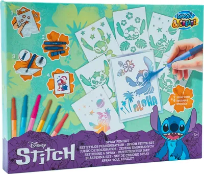 The image shows the packaging of a Disney Stitch spray pen set, with various stencils and pens displayed.
