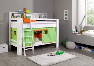 Produktbild von Etagenbett Jan Buche Weiß lackiert mit Bücherregal 90x200 cm