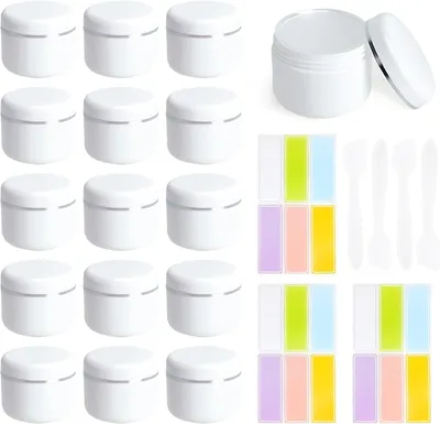 Imagen del producto de Envases de crema Leere, de 50 ml, 15 unidades, con tapa de rosca, espátula y etiquetas, para cosmética casera