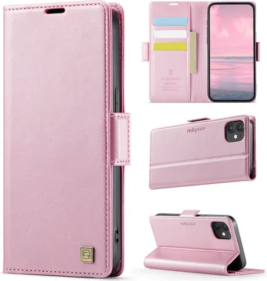 Produktbild von Lederhülle für iPhone 12/iPhone 12 Pro, RFID Schutz Handyhülle mit Magnetverschluss, Kartenfächern und Ständer Pink
