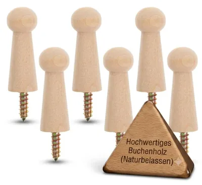 6er-Set Wandhaken aus Massivholz, 6,8 cm, zum Schrauben
