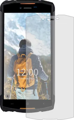 A smartphone with a screen protector placed in front of it, showing a landscape image on the phone's screen.