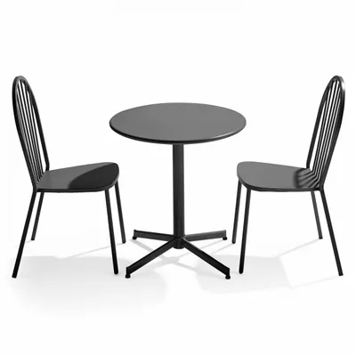 Produktbild von set runder Gartentisch und 2 Bistro-Gartenstühle aus grauem Metall - Oviala Palavas