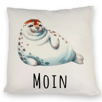 Produktbild von Dicke Robbe Kissen mit Spruch Moin
