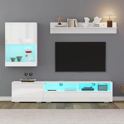 Produktbild von TV Wohnwand-set mit Vitrine und LED TV Wohnzimmermöbel-Set bis 80' 175*39*34cm Weiß