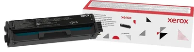 A black toner cartridge is shown next to its white and red packaging, both featuring the Xerox logo.