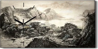 Produktbild von Dekor Leinwand Uhr Wandbilder Geräuschlos 60x30 Berge Chinesische Bäume Kunst - schwarze Hände