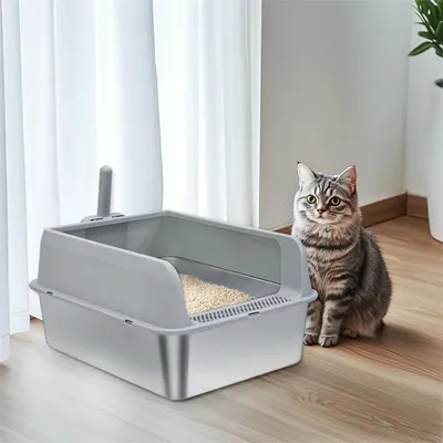 Image de Grande cage ouverte en acier inoxydable pour chats, avec pelle