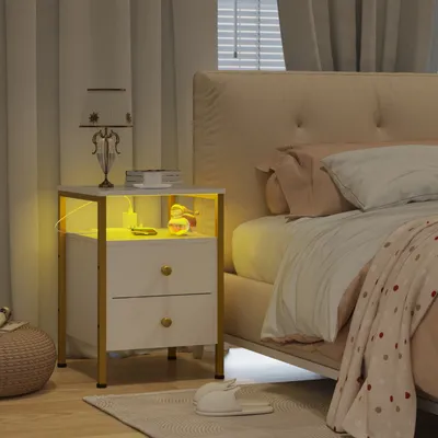 Produktbild von Nachttisch mit LED-Beleuchtung mit 2 Schubladen 61×40×40cm Weiß