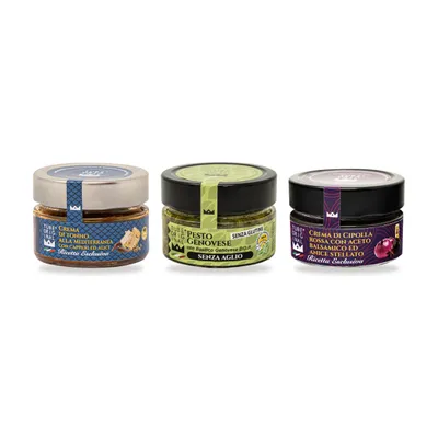 Produktbild von TubeORIGINAL Geschenkset „Mediterraneo“ – Thunfischcreme 90 g, Pesto ohne Knoblauch 100 g, Rote-Zwiebel-Creme 100 g