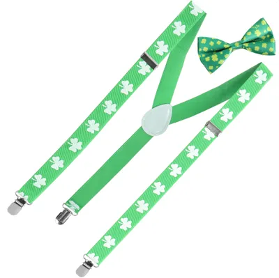 Produktbild von com-four® 2-teiliges St. Patricks Day Set - Hosenträger und Fliege im Leprechaun-Look - Verkleidung für Karneval und Motto-Partys - Kostüm-Accessoires
