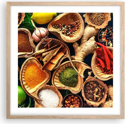 Produktbild von Gerahmtes Poster - Rahmen in heller Eiche - Küche Essen Kräuter Gewürze - 50x50 cm - Wand Bild - Wanddeko - Wandbilder - Wandposter - Bilderrahmen - Bilder - Kunstdruck - Wandbild - P2NAC50x50-2844