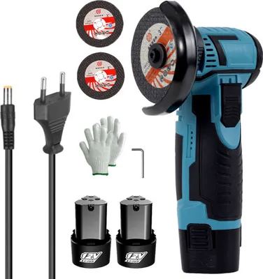 Produktbild von 500W 12V Akku-Winkelschleifer, 76mm Schleifscheibe, mit Ladegerät und 2 × 1500Mah Batterien, 2 Stück Trennscheiben