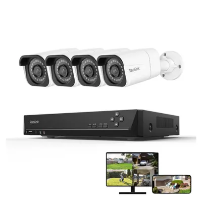 A security camera system with four cameras and a DVR unit, displayed on a white background. A small monitor shows a split-screen view of the cameras, and a smartphone displays a single camera feed.