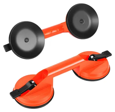 Produktbild von Glassauger mit Saugnäpfen - Vakuum-Saugnapf - 2er-Set - Tragkraft 150 kg - Aluminiumgriff - Für Glas, Granit, Fliesen und Metall - Orange