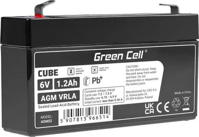 Image de Batterie AGM VRLA sans entretien Green Cell AGM52 6V 1,2Ah (pour système d'alarme, caisse enregistreuse, jouets)