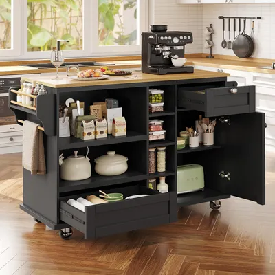 Obrázek produktu pro MODFU kuchyňská skříň se zásuvkami, pojízdná kuchyňská skříň s dřevěnou deskou, přístavná skříň konferenční stůl na kolečkách, černá