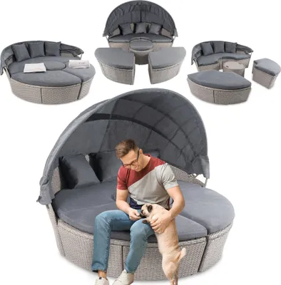 Produktbild von di volio Polyrattan Sonneninsel MILANO - Garteninsel mit faltbarem Sonnendach & Hocker-Tisch im exklusiven Rattan-Design inkl. eine Fleecedecke