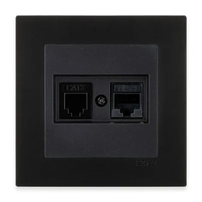 Image de Prise RJ45 Cat. 6 + prise téléphonique, noir + cadre, noir métallisé, EXEN
