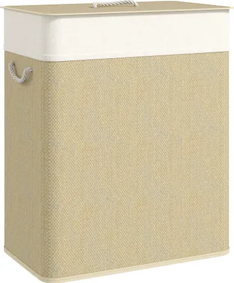 Produktbild von HOMCOM Bambus Wäschekorb mit Deckel 2 Fächer 100 L Wäschesammler Cremeweiß