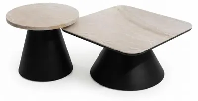 Productafbeelding van Moderne beigekleurige salontafel met marmerlook, metalen frame, set voor de woonkamer