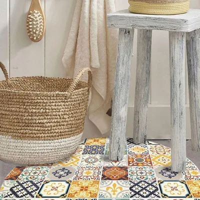 Image de Tapis lavable carreaux de ciment jaune diam.60