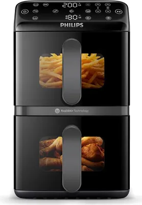 Obrázek produktu pro Dvojitý vertikální horkovzdušný fritéza Philips Dual Stack 4000 NA460/00, 2750 W, 10 l, 13 programů, 40-220 °C, Synchronizace, Keramické povrchové úpravy bez PFAS, Okno, Černá