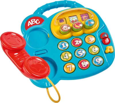 A toy telephone with colorful buttons and a handset.
