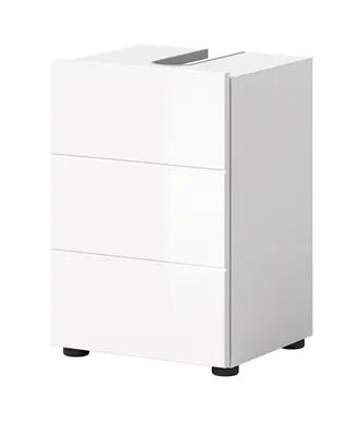 A white, three-drawer cabinet with a modern design, shown against a white background.