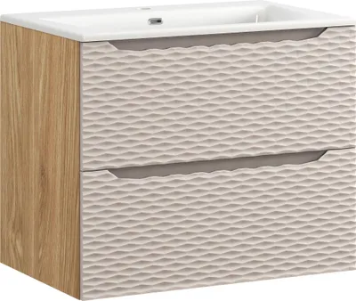 Produktbild von Badezimmerschrank 70 Cm Mit Keramikwaschbecken 71 Cm - Eiche + Beiges Holzdekor
