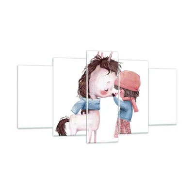 Produktbild von Bilder auf glas - 5 Teile - Einhorn Mädchen Kinder - 160x85cm - Glasbilder - Wandbilder - Bilder - zum Aufhängen bereit - Wanddekoration aus Glas - Glas Bilder - Wandbild auf Glas - GEA160x85-4733