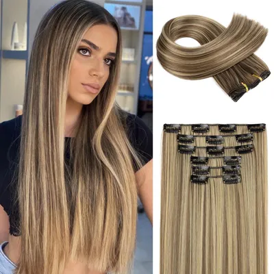 Image de Extensions de cheveux à clipser, lot de 6, longueur 61 cm, lisses, couleur marron avec mèches blondes, matière synthétique