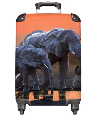 Produktbild von MuchoWow® Koffer Handgepäck Trolley Rollkoffer Kleine Reisekoffer mit 4 Rollen - Elefant - Tiere - Sonnenuntergang - Wasser - Orange - Cabin Size < 55x40x23 cm & 55x40x20 cm - Fotokoffer - Kabinenkoffer - Boardgepäck - Reise-Box - Reisekoffer - Reisegepäck - Koffer mit Bild - Trolley für Kinder