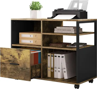 Produktbild von Aktenschrank auf Rollen mit Druckertisch und Schublade | Vintage braun und schwarz | 80x40x65 cm