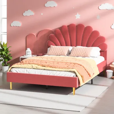 Image de Fortuna Lai Lit rembourré 140x200 cm pour filles, avec tête de lit à fleurs & sommier à lattes, bois massif, velours, rouge