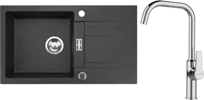 Produktbild von Granitspüle mit Armatur Chrom Hoch Küchenspüle schwarz 76x44 Einbauspüle Zubehör
